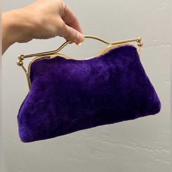 Purple Real Shearling Leather Double Kisslock & Top Handle Clutch with 2 Straps - Picture 4 of 16